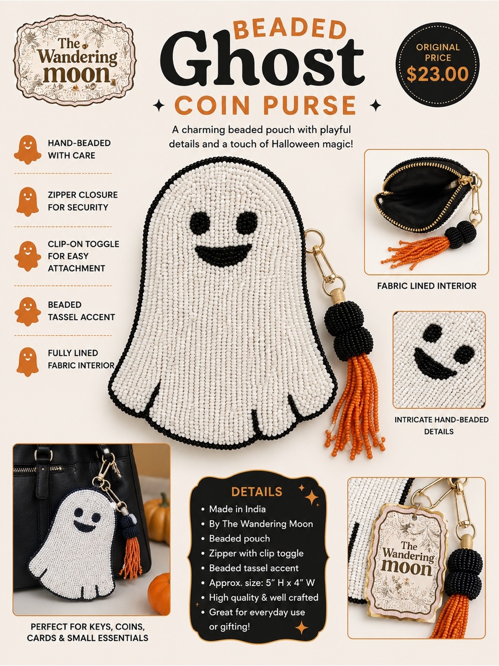 The Wandering Moon White Beaded Ghost Coin Purse with Orange Tassel
